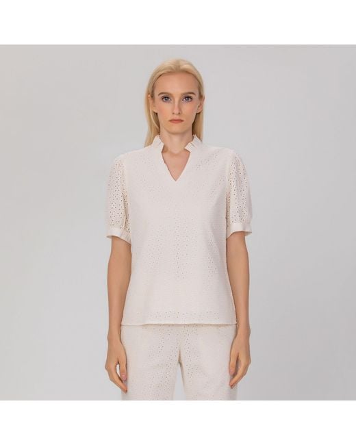 Smart and Joy White Neutrals Eyelet Cotton Lace Loose Blouse -Cream