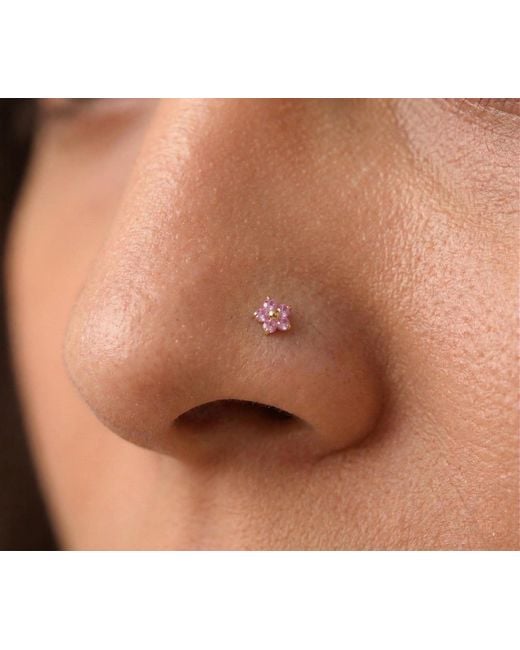 Zahav Jewelry Pink 14K Solid 24G Dark Corundum L Shape Flower Nose Stud