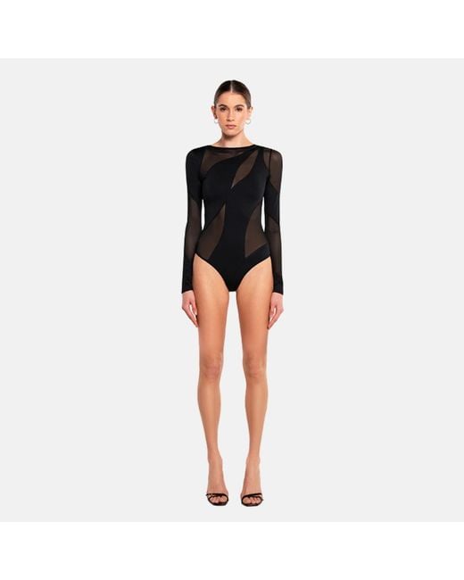 OW Collection Black Spiral Mesh Long Sleeve Bodysuit
