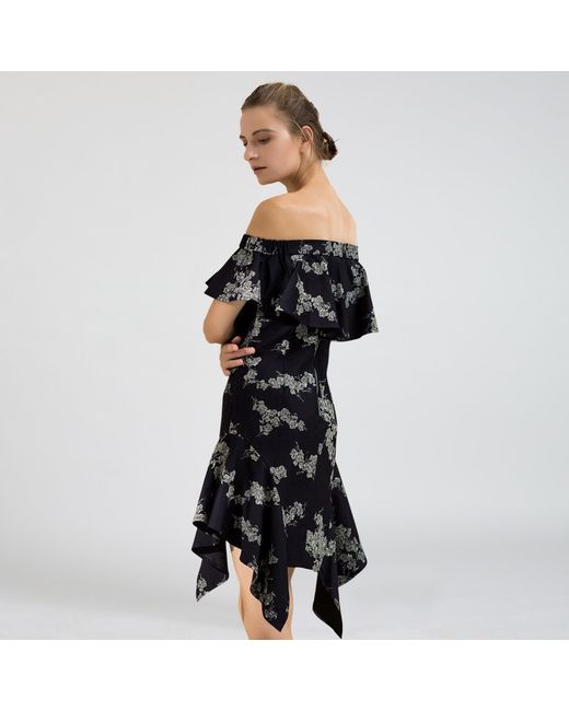 Smart and Joy Black Ruffle Bardot Denim Dress