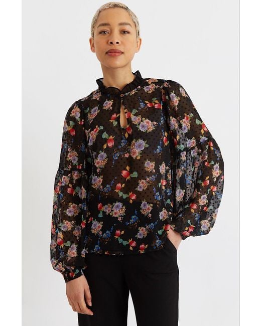 Louche Blue Masha Carpathian Florals Print Long Sleeve Blouse