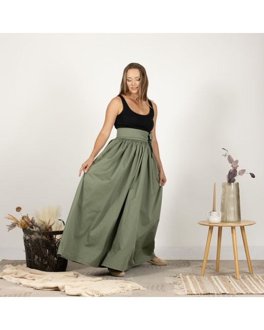 Nikka Place Green High Waist Cotton Gathered Skirt With Front Bow & Pockets