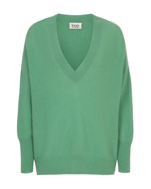 Loop Cashmere Green Relaxed Lofty V Neck Sweater