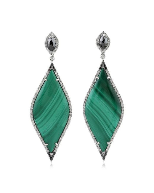 Artisan Green Natural Malachite Dangle Earrings 18k White Gold Diamond