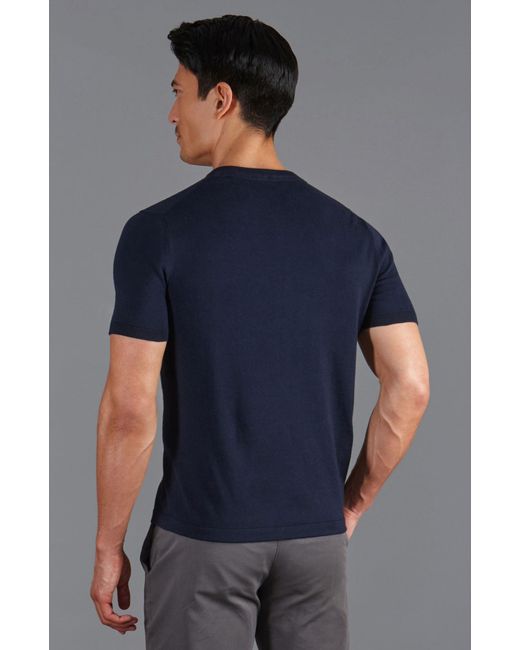 Paul James Knitwear Blue Ultra Fine Cotton Hudson High V Neck Knitted T-Shirt for men