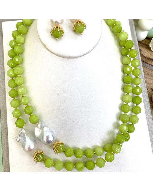 Farra Green Jade With Baroque Pearl Double Strands Necklace