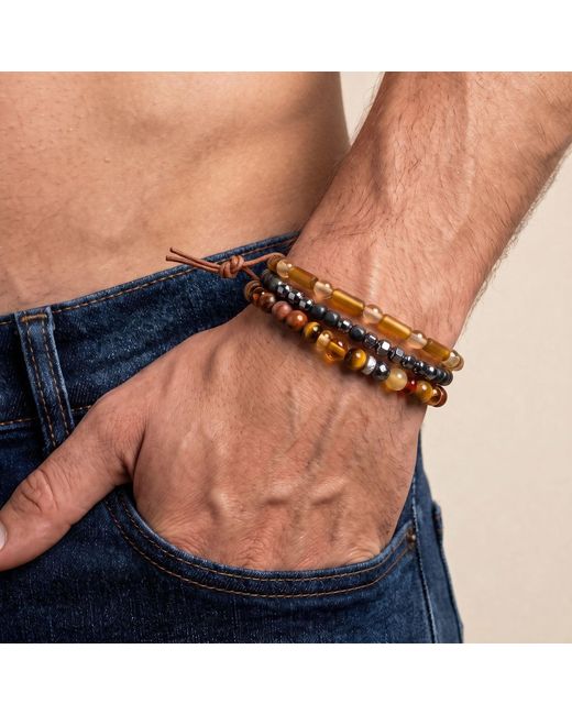 Jaredjamin Metallic Cyrus Amber & Hematite Stackable Bracelet Set for men