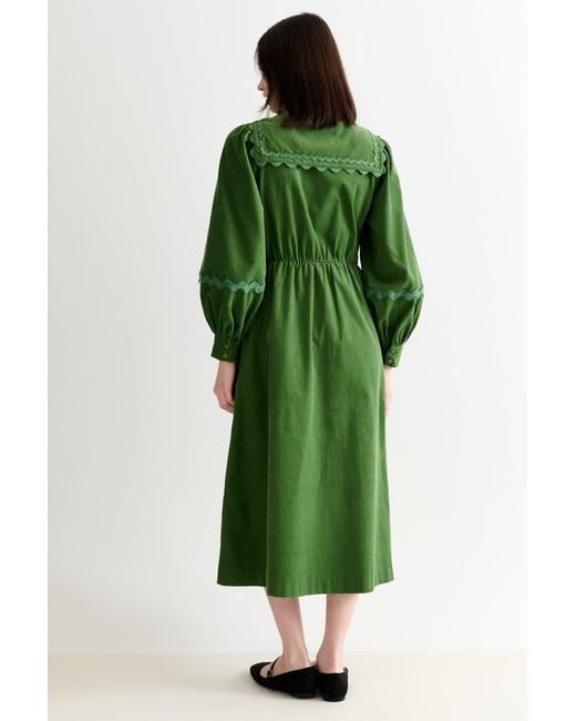 Louche Green Prudence Babycord Big Collar Ric Rac Trim Midi Dress