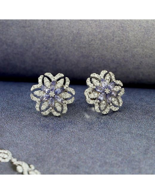Artisan Metallic Solid White Gold Natural Diamond Tanzanite Stud Earrings Handmade Jewelry