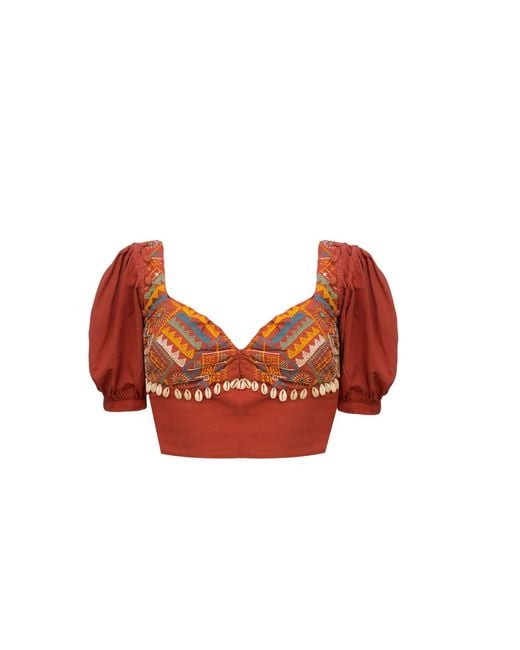 Tega Collective Red Alankara Balloon Sleeve Crop Top