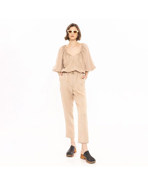 Nissa Brown Neutrals Puff-Sleeve Viscose Top