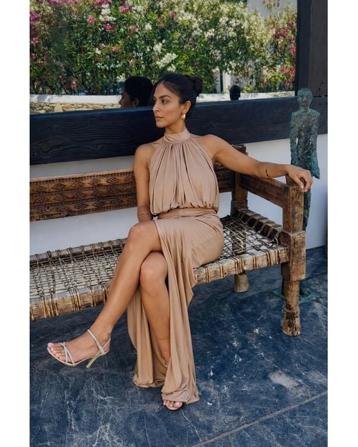 Monice London Natural Selene- Backless & Bra Friendly Halter Maxi Dress