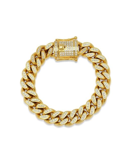 Steeltime Metallic Stainless Steel 18K Plated 10Mm Miami Cuban Link Cz Iced Out Bracelet With Box Clasp 9 Inch for men