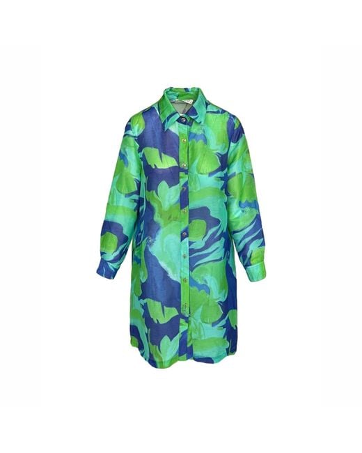 Haris Cotton Green Longline Printed Linen Blend Shirt With Long Sleeves Lagoon