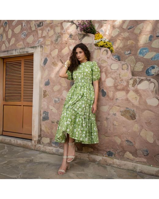 Echo of Pink Green Matilda Hand Block Print Cotton Dress