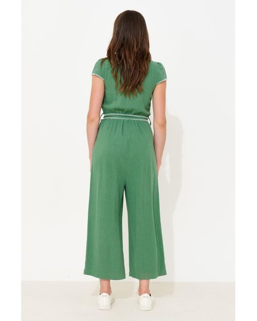 Louche Green Marleen Blanket Stitch Linen Mix Jumpsuit