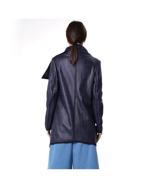 Metamorph Blue Croc-Effect Asymmetric Zip Coat With Draped Collar