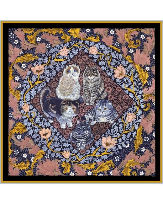 Wenzi Blue Whiskered Court Hand Painted Double Sided Silk Twill Scarf