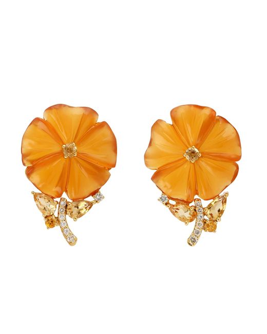 Artisan Orange 18k Gold In Mix Stone & Pear Citrine With Pave Diamond Loviver Flower Stud Earring