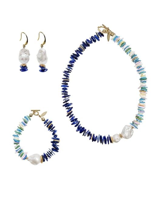 Farra Blue Kyanite And Colorful Shell With Baroque Pearl Necklace Bracelet Earrings Set