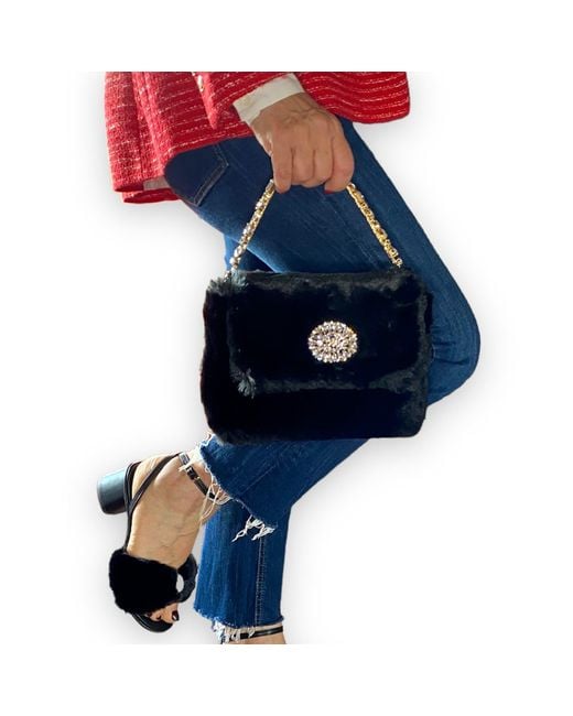 DAMAPREZIOSA Black Victoria Jeweled Handle Bag – Vegan Fur