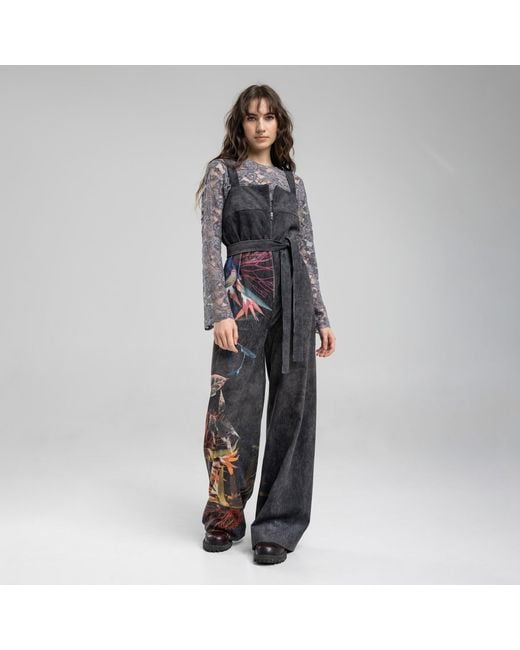 ARTISTA Black Washed Corduroy Floral Print Jumpsuit