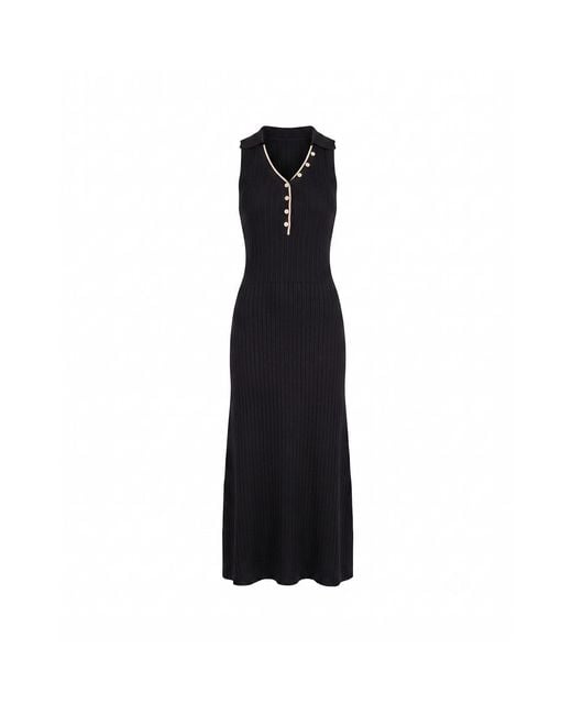 Tantra Spain Sl Black Long Sleeveless Pleated Knit Dress With Buttons, And Topstitching Detail