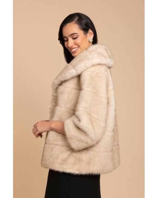 Santinni Natural Satin-Lined Faux Fur Cropped Brooch Coat