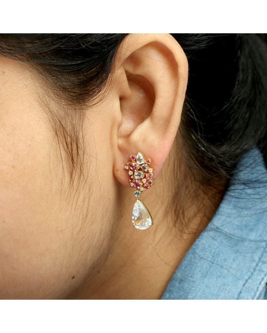 Artisan White Aquamarine, Multi Tourmaline & Moonstone Diamond Drop Earrings