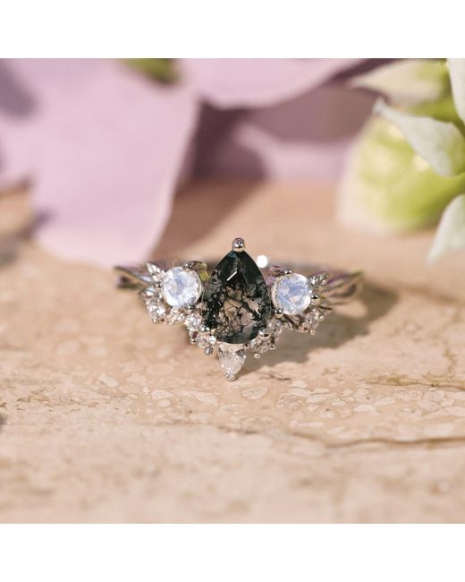 Azura Jewelry New York Blue Laurel Grove Moss Agate Moonstone Ring Vermeil