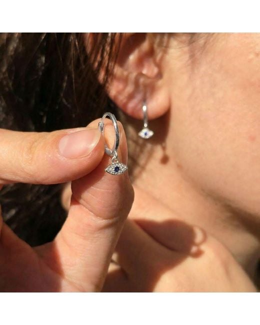 Harfi White Minimalist Small Evil Eye Charm Dainty Hoop Sterling Earrings