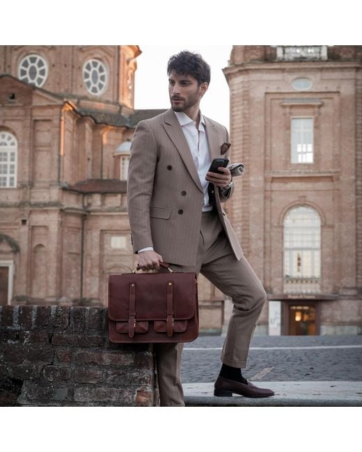 Time Resistance Brown Leather Briefcase Backpack Coganc Matte for men