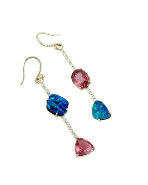Artisan Blue Tourmaline, Opal & Diamond Drop Earrings