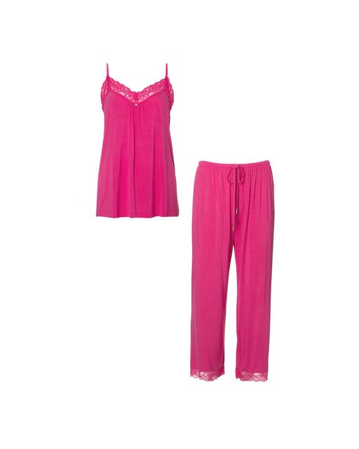 Pretty You London Pink Bamboo Lace Cami Cropped Trouser Set In Raspberry