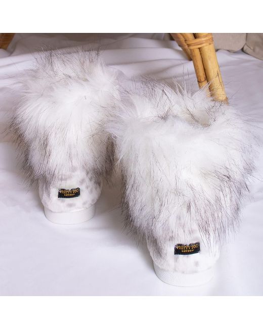 Pretty You London White Cosy Bootie Slipper Fern In Snow Leopard
