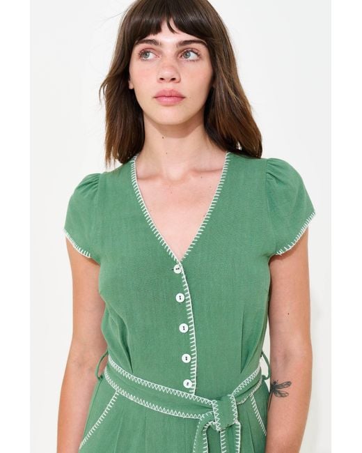 Louche Green Marleen Blanket Stitch Linen Mix Jumpsuit