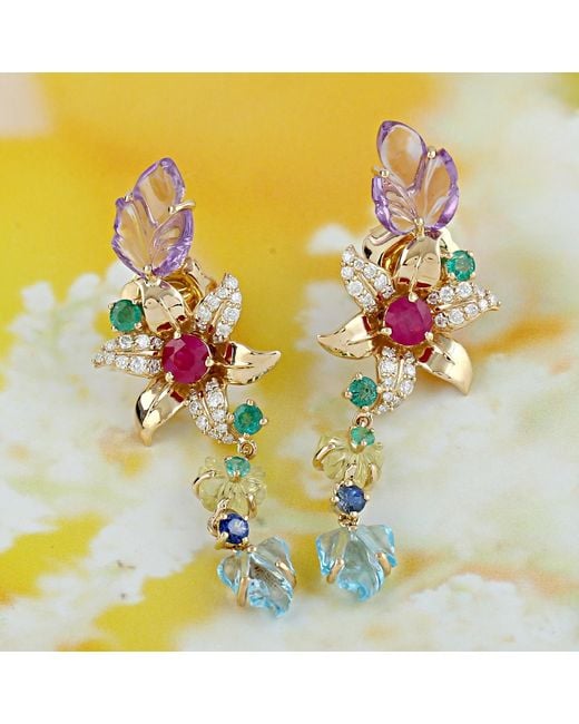 Artisan Multicolor Carving Multi Gemstone 18k Gold Natural Diamond Beautiful Flower Dangle Earrings