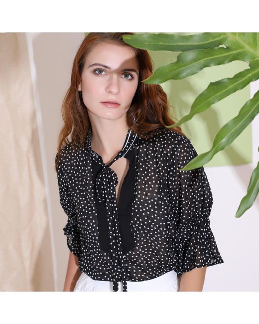 Smart and Joy Gray Polka Dots Tulip Sleeves Chiffon Blouse