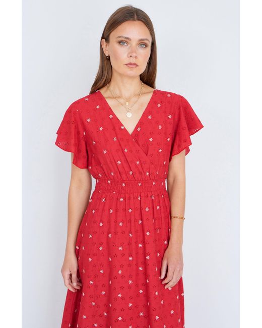 Yumi' Red Broderie Anglaise Wrap Midi Dress With Flower Embroidery