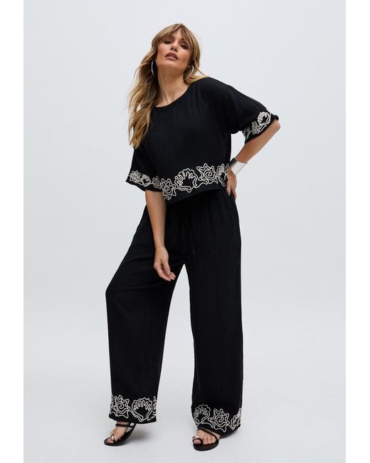 Raffya Black Milly Wide Leg Embroidered Trouser