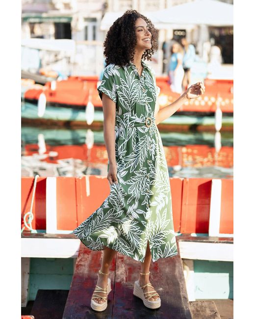 Yumi' Green Leaf Print Viscose Relaxed Midi Shirt Dress