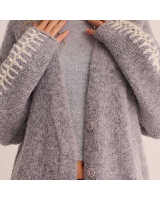 Mamu Dream Gray Soft Marl Alpaca Blend Cardigan With Ivory Stitch Detail