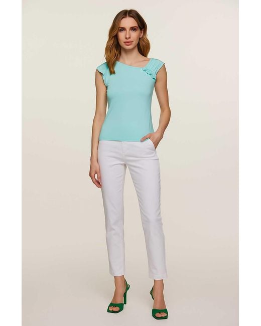Conquista Blue Asymmetric Ruffle Sleeve Jersey Top – Aqua