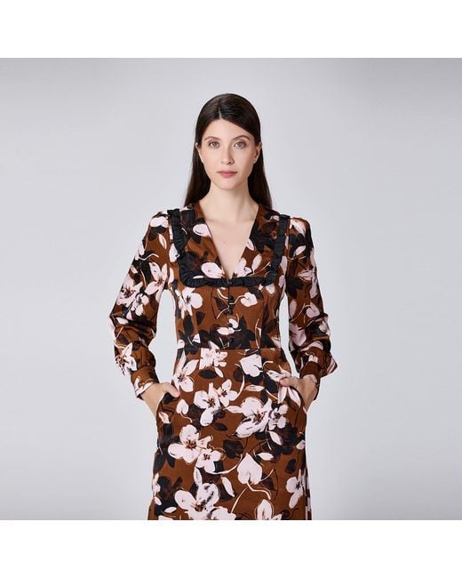 Smart and Joy Brown Ruffle Collar Macro Flower Print Dress