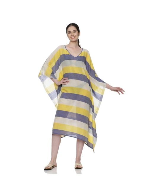 Heritagemoda Yellow Handwoven Amalfi Sheer Cotton Kaftan With & Stripes