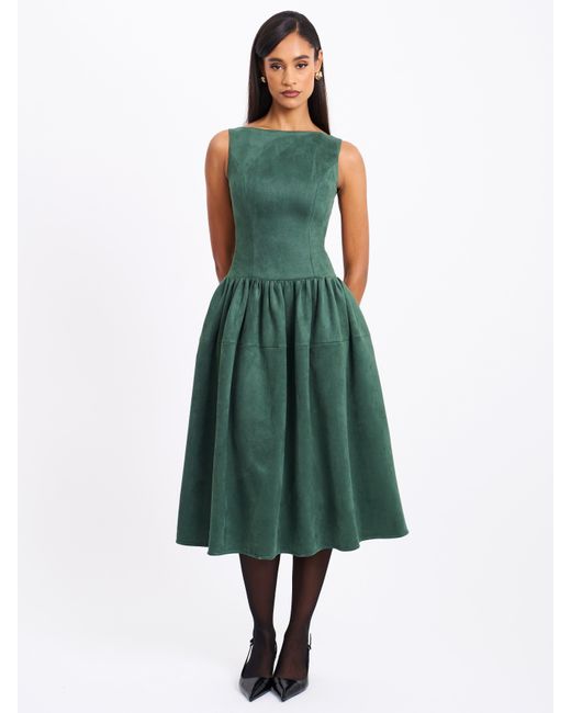 Miss Circle New York Green Laila Suede Boat Neck Backless Midi Dress