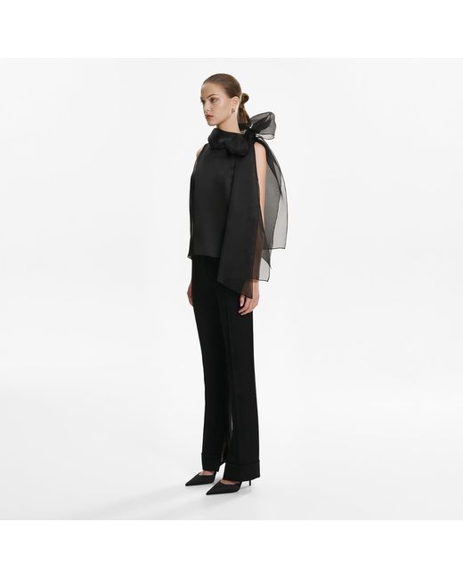 Lita Couture Black Short-Sleeve Sheer Bow Blouse