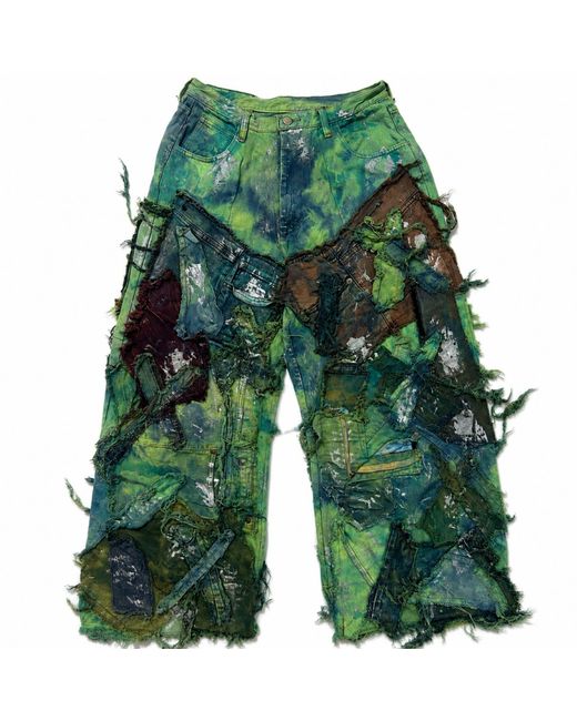 Zasta Studio Green Wearable Ruins Shredded Wide Leg Colored Denim Pants A