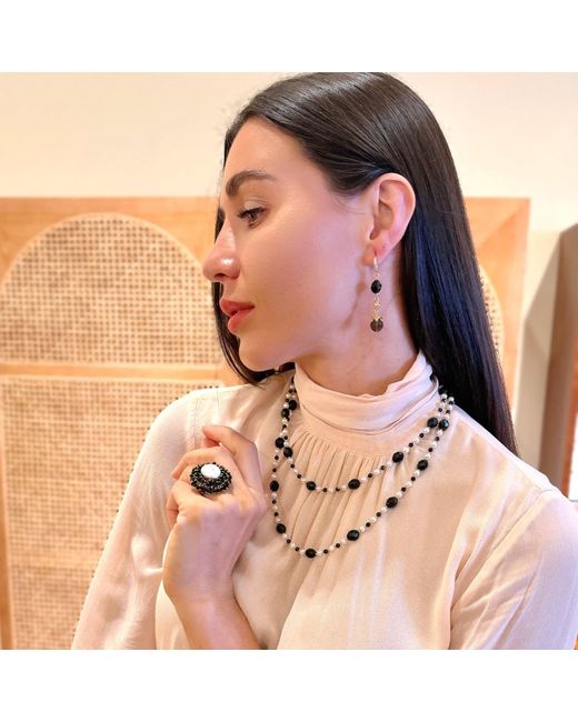 Farra Black Romantic Style Oval Obsidian With Freshwater Pearl Long Necklace