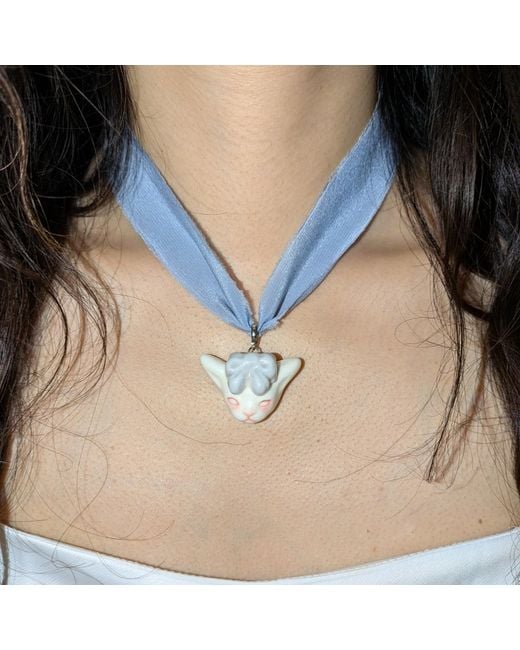 H2 Studio Blue Angry Puss Baby Silk Necklace Bowtie Cat